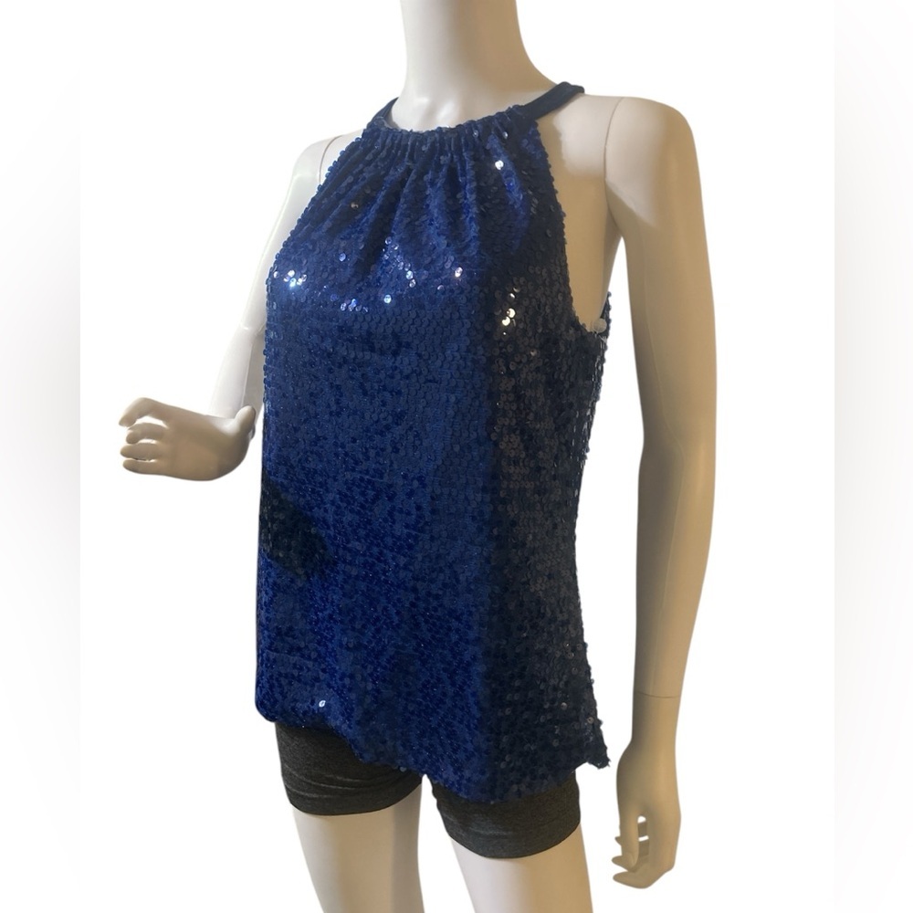 Tahari Womens M Top
Sleeveless Blue Curacao
All Over Sequins Halter
Neck NWT
